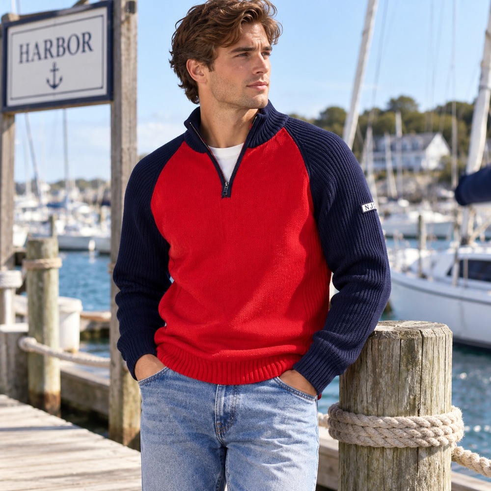 Nautica Mens Cotton Knit Quarter Zip Sweater Sz L Red Navy Fisherman Preppy